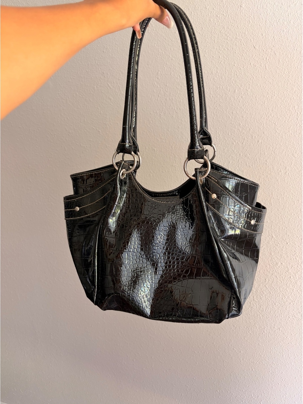 Black Croc-Embossed Patent Leather Shoulder Bag